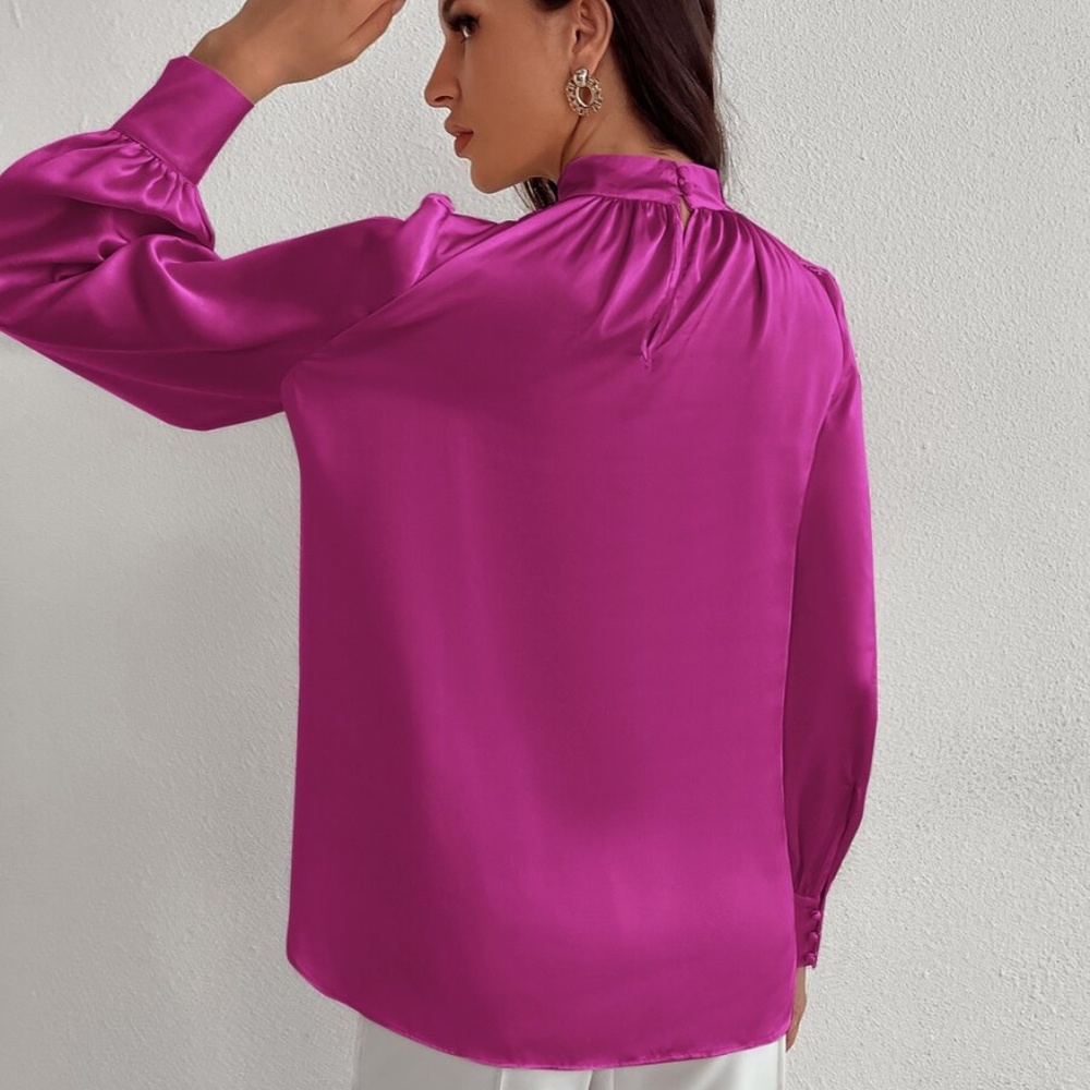 Classic High Neck pleated Satin long sleeve Top - Picture 11 of 11